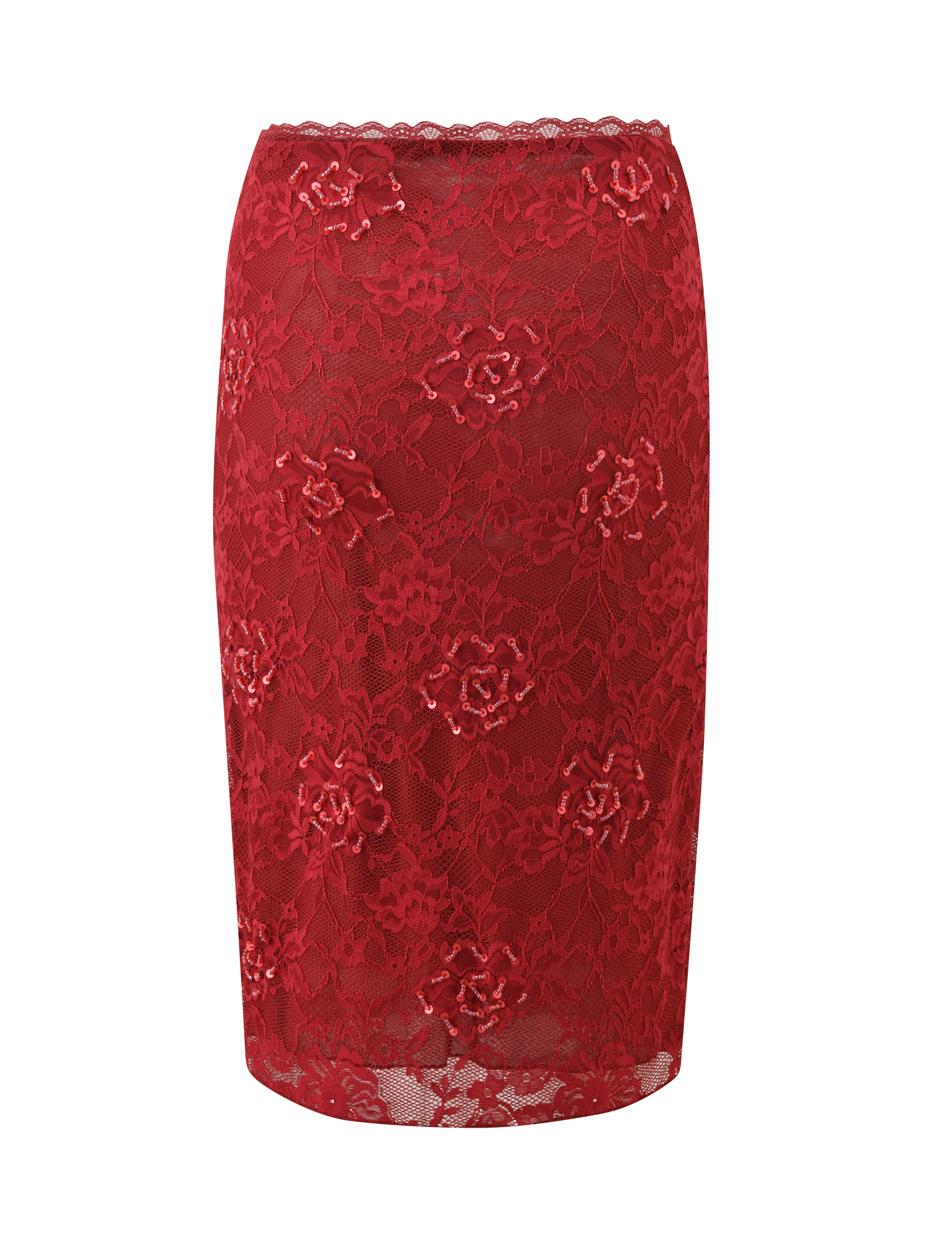 KIRRA BEADED SEQUIN LACE MIDI SKIRT - RED