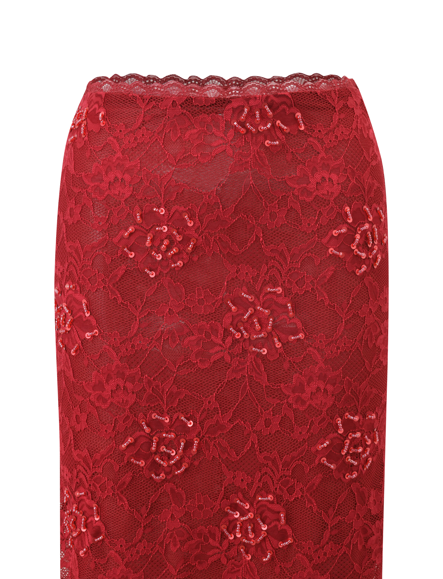 KIRRA BEADED SEQUIN LACE MIDI SKIRT - RED