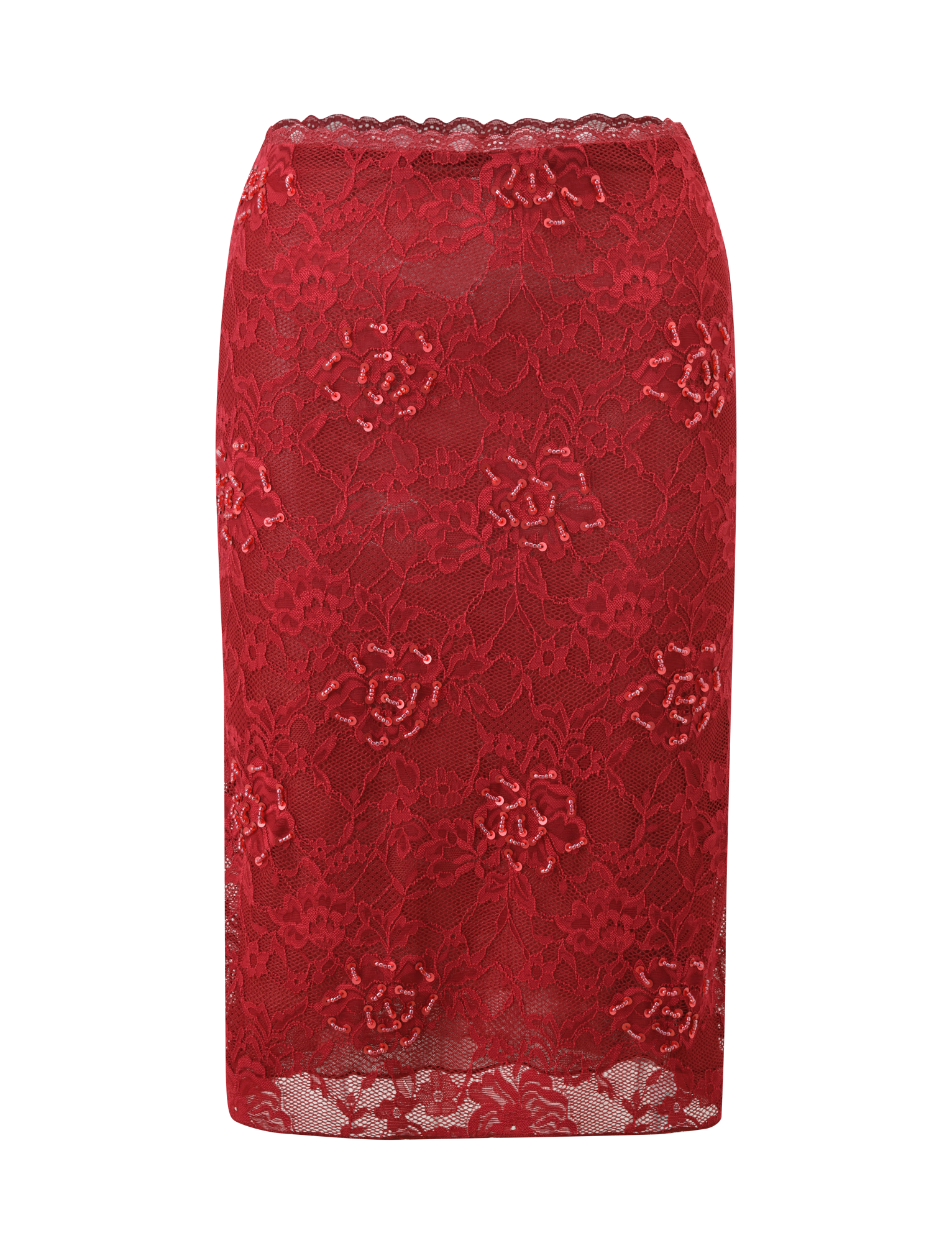 KIRRA BEADED SEQUIN LACE MIDI SKIRT - RED